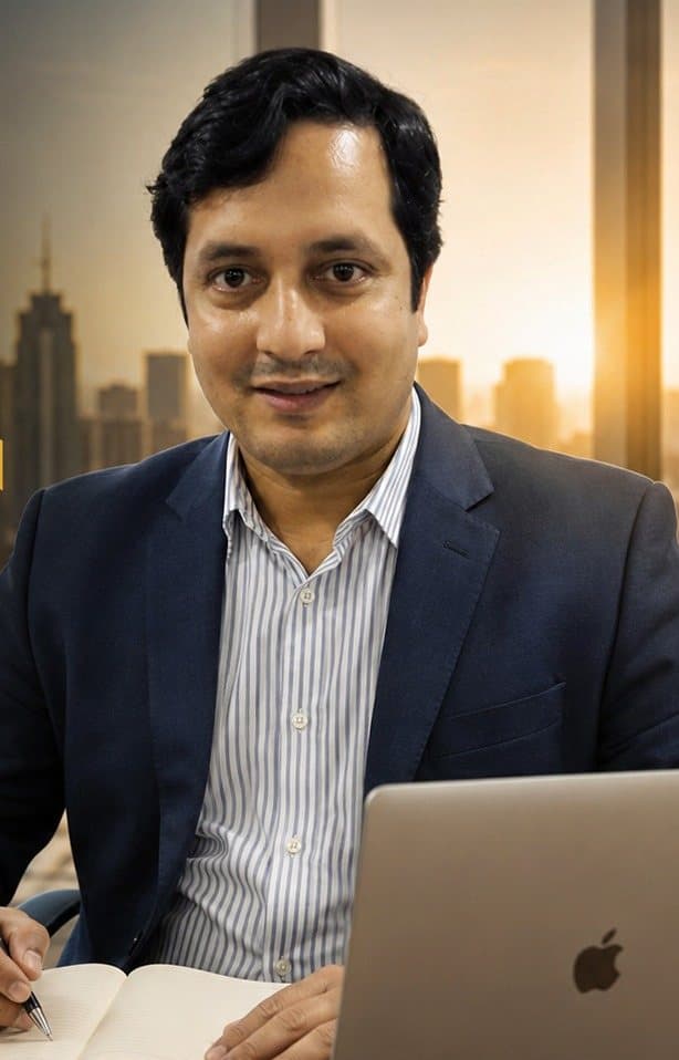 Anower Sadath Kabir at his desk, writing in a notebook, a city skyline behind him